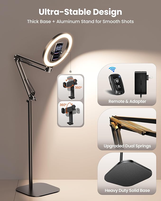 Ring Light with Stand Tripod for iPhone – Upgrade 1800 Lumens 10” Overhead Phone Tripod with Light, 2X Brighter Lighting for Video Recording, TikTok, YouTube, Streaming & Content Creator Essentials