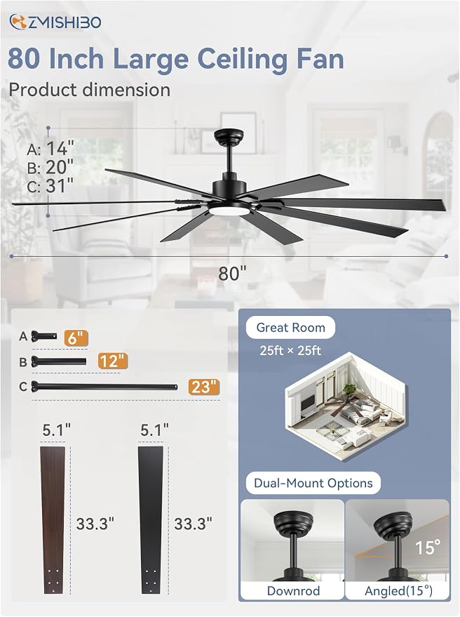 ZMISHIBO 80" Ceiling Fans with Lights for Shop, Garage, Remote | High CFM Powerful Airflow, Quiet DC Motor, 24W 3 CCT LED, Indoor/Covered Outdoor, Dual-Finish, Damp Rated, Black