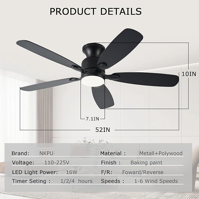 52inch Black Ceiling Fans with Lights, Low Profile Ceiling Fan with Light and Remote/APP Control, Reversible DC Motor, Noiseless, Dimmable, Flush Mount Ceiling Fan for Bedroom Living Room Patios