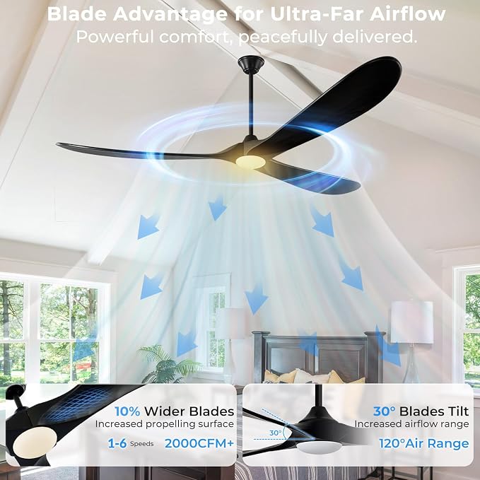 72 inch Outdoor Ceiling Fans with Lights-Glass Lamp, Large Damp Rated Wood Propeller Blades for Big Patios & Porch, Smart APP and Remote Control, 3 Blades Dimmable LED Ceiling Fans, High CFM-Black