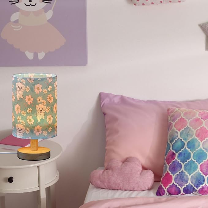Fustylead Cute Cartoon Maltese Dogs and Daisy Floral Bedside Table Lamps with USB Port for Bedroom Lamp Accent Table Lamp Small Nightstand Lamp Linen Shade Decorative Lamps for Kids|Reading|Dome|Home