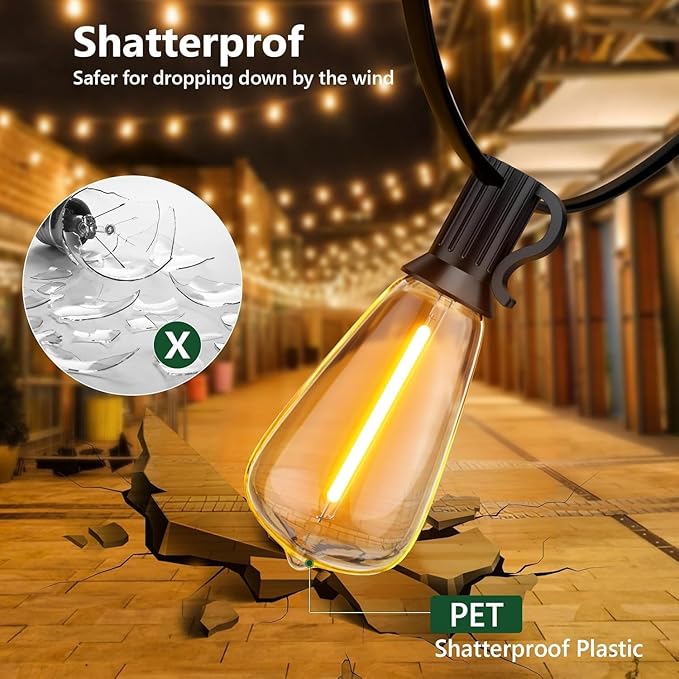 100FT Outdoor String Lights, Waterproof Patio Lights with Shatterproof ST38 Vintage Edison Bulbs, Connectable Outside Hanging Lights for Backyard, Porch, Deck, Balcony, Garden, 2500K Dimmable