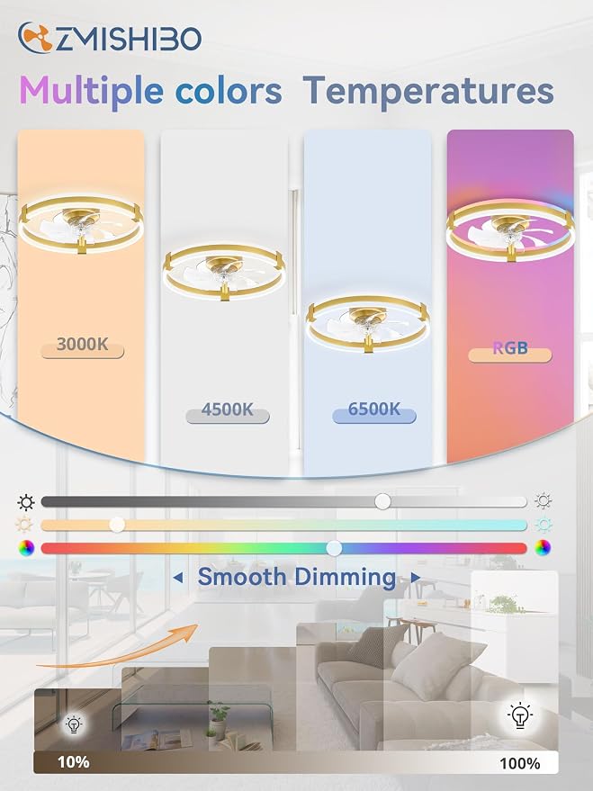 ZMISHIBO 20" RGB Low Profile Ceiling Fans with Lights and Remote, Gold | Custom RGB+3CCT Dimmable, 6 Speeds, Remote/App Control, Reversible DC Motor, Memory, Timer, Modern Fandelier for Kids/Bedroom