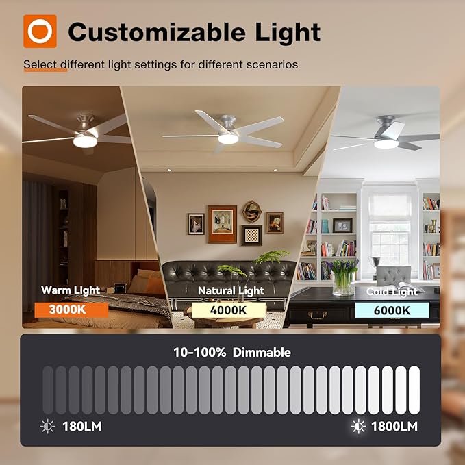 addlon Ceiling Fans with Lights, 52 Inch Low Profile Ceiling Fan with Light and Remote Control, Flush Mount, Reversible, 3CCT, Dimmable, Quiet, Silver Ceiling Fan for Bedroom Indoor/Outdoor Use