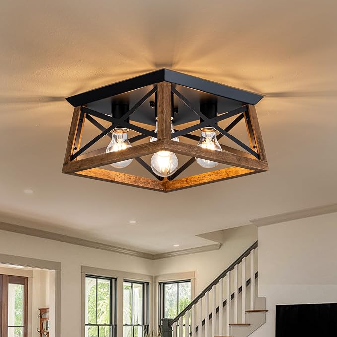 4-Light Famrhouse Light Fixture, Rustic Ceiling Light with Wood and Metal Frame, Farmhouse Flush Mount Ceiling Light for Hallway, Entryway, Bedroom, Kitchen, Living Room