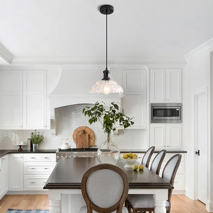 Vintage Pendant Light Kitchen Island, Black Pendant Light Fixture with Flower Clear Glass Shade, Antique Pendant Lamp for Dining Room, Living Room, Bedroom, Kitchen Island Sink