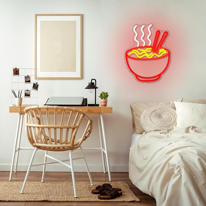 Ramen Neon Sign for Wall Decor Noodle LED Neon Lights Dimmable Food Noodle Light Up Signs LED Neon Signs for Japanese Resturant Home Bar Kitchen Room Cafe Decorction(16.5"*12.9")
