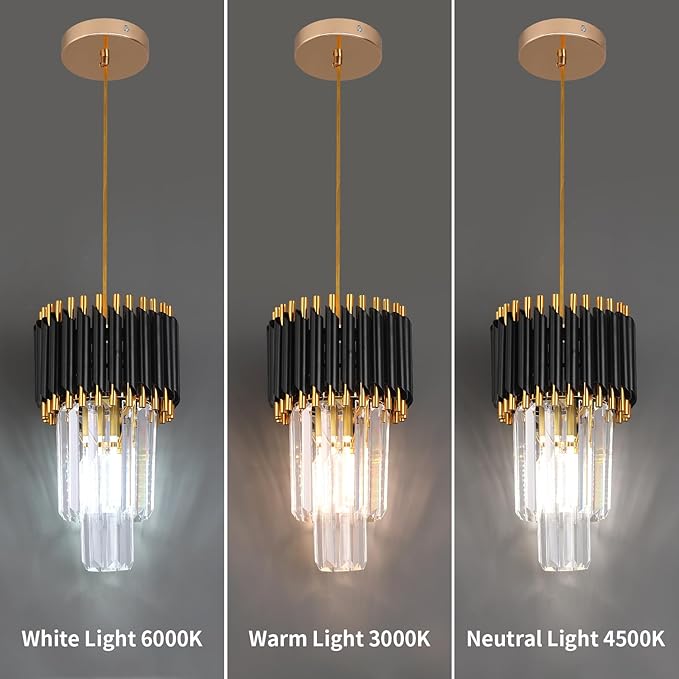 Crystal Chandelier Gold Pendant Light Fixtures Modern Crystal Pendant Light for Kitchen Island D7.5'' Black and Gold Chandelier for Dining Room Bedroom Living Room Hanging Light with a Bulb