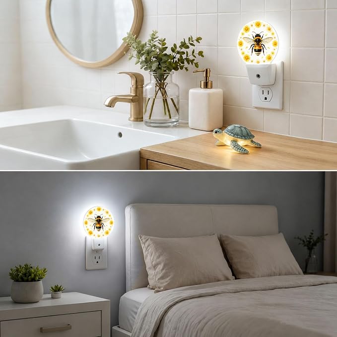 Nightlight Honey Bee Plug-in Night Lights Dusk to Dawn | Sweet Yellow Night Light LED Round Lamp with Auto on/off Sensor for Kitchen Hallway Bedroom Bathroom