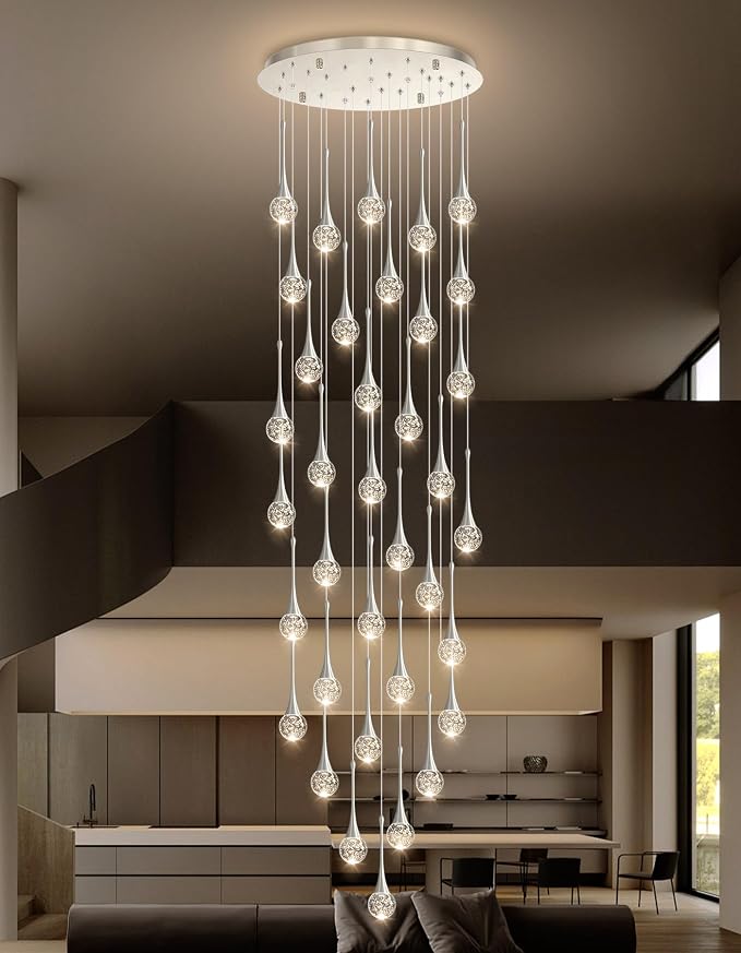 36 Light Modern Glam Crystal Chandelier for High Ceiling LED Dimmable Ceiling Pendant Light Staircase Foyer Enterway Living Room Chandelier Lighting Antique Silver