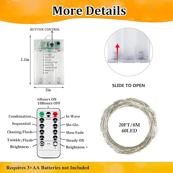 2 Pack Fairy Lights Battery Operated Twinkle Lights Remote Warm White | Total 40FT 120LED String Light, Timer & 8 Modes, Memory, Dimmable, Waterproof Battery Lights Indoor Outdoor Christmas Decor