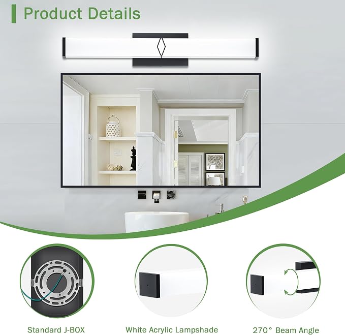 32 Inch Bathroom Vanity Light 3200LM, 5700K Daylight White Modern Bathroom Light Dimmable, AC 120V 36W Matte Black LED Vanity Lighting Fixtures Wall Sconce ETL Certified, 2Pack