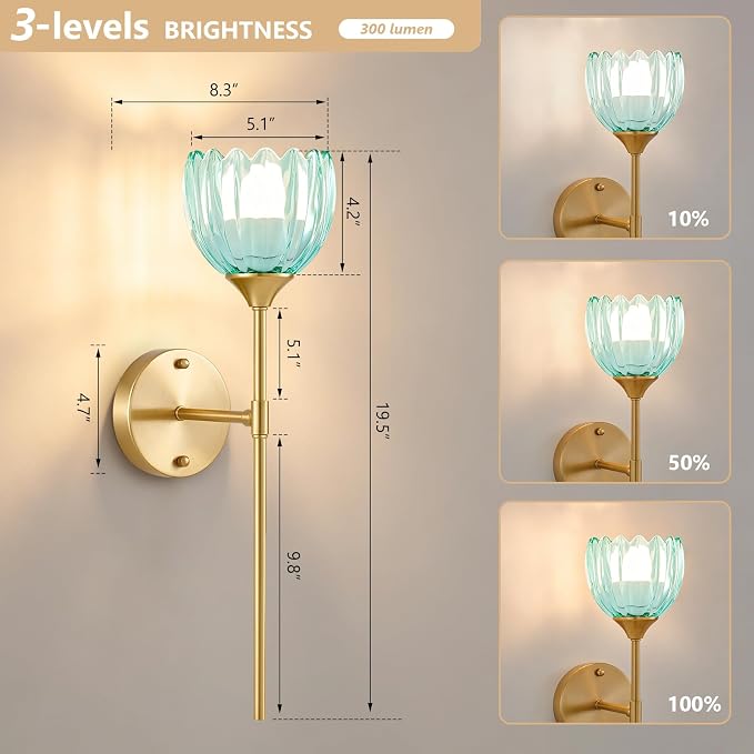 Vintage Battery Operated Wall Sconce Set of 2, Blue Tulip Glass Lampshade Wireless 5300 mAh Rechargeable Battery Powered LED Wall Light with Remote Dimmable for Bedroom Bathroom Living Room