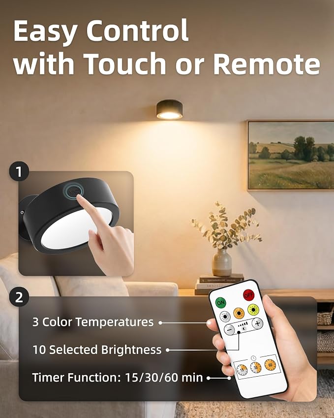 EZVALO LED Wall Mounted Light, 3000mAh Rechargeable Cordless Wall Sconce, Dimmable with Remote & Touch Control, 3 Color Temps, 360° Rotatable for Bedroom, Bedside, Reading(Black, 3Pack)