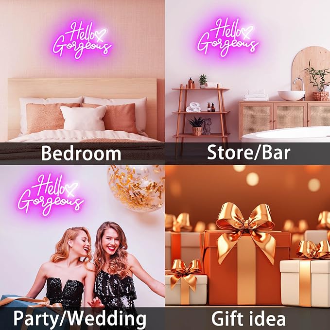 Hello Gorgeous Neon Signs for Wall Decor with Heart, Purple Gorgeous LED Sign Lights for Bedroom Dorm Home Salon Wedding Party, 16"x12" Preppy Cute Room Decor Woman Cave - 100,000H Lifespan