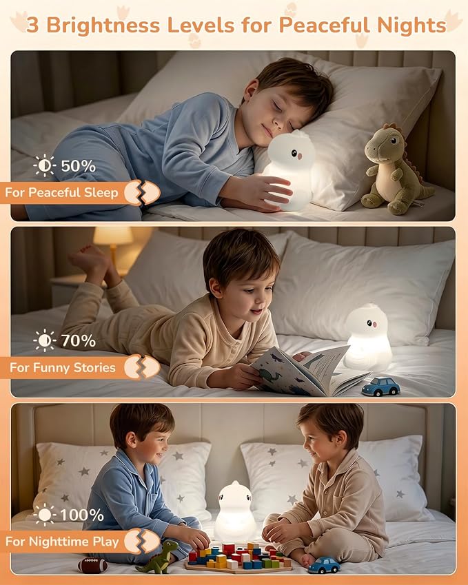 Night Light for Kids, LED Dinosaurs Squishy Animal Lamp for Baby, Soft Silicone Dimmable Touch Light with Timer, Battery Rechargeable Nightlight Boys Gifts Cute Room Decor 4.80 x 4.80 x 6.10 in