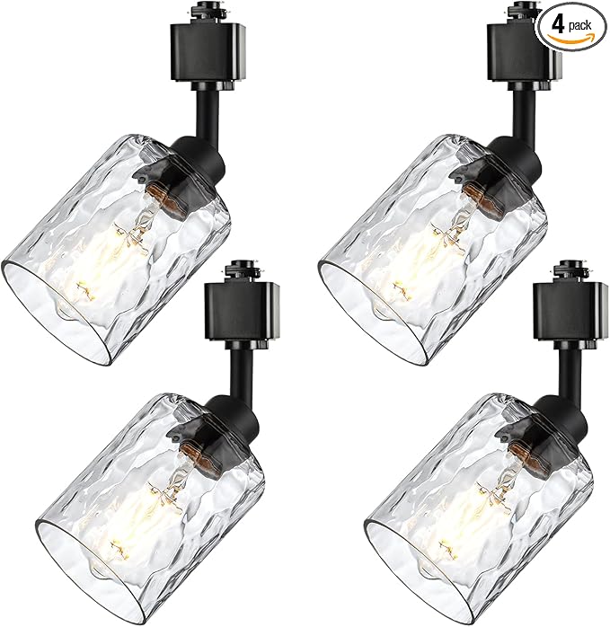 4 Pack H Track Lighting Heads Black Track Lighting Fixtures with Clear Hammered/Water Ripples Glass, H Type Track Lighting Replacement Heads Ceilig Spotlight for Kitchen Accent Retail E26 Base