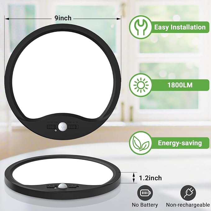 zemty 9inch Motion Sensor Ceiling Lights Wired,18W 1800lm 3CCT/3 Mode/30-120s Timer, Bright Black LED Flush Mount Light Fixture Motion Activated for Closet Pantry Hallways Stairwells Garage