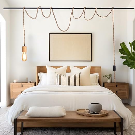 Arturesthome Wood Pendant Light Cord Kit with Switch, 23FT Vintage Industrial Hanging Light Plug in Lamp Cord with Twisted Nylon Rope Lights Socket E26 E27 for Farmhouse Lamp Cable Retro DIY