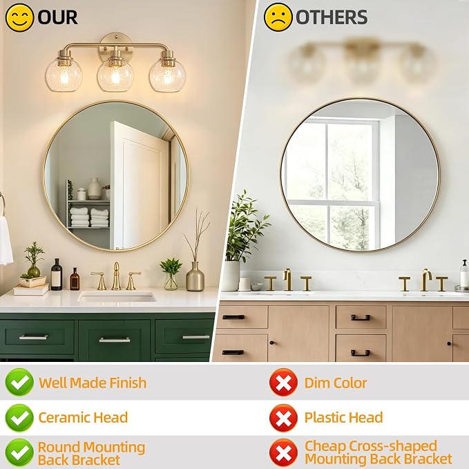 Bathroom Light Fixtures Gold Vanity Light 3 Light Brushed Brass | Wall Sconces Lighting with Seeded Globe Glass Shades Bath Wall Lamp for Mirror Kitchen Living Room Bedroom Hallway