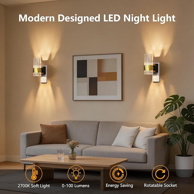 LED Night Light Rotating, Acrylic Night Lights Plug into Wall with Dusk to Dawn Sensor, 0-100LM Dimmable 2700K Nightlight Plug in for Bedroom, Bathroom, Living Room, Hallway (2 Pack)