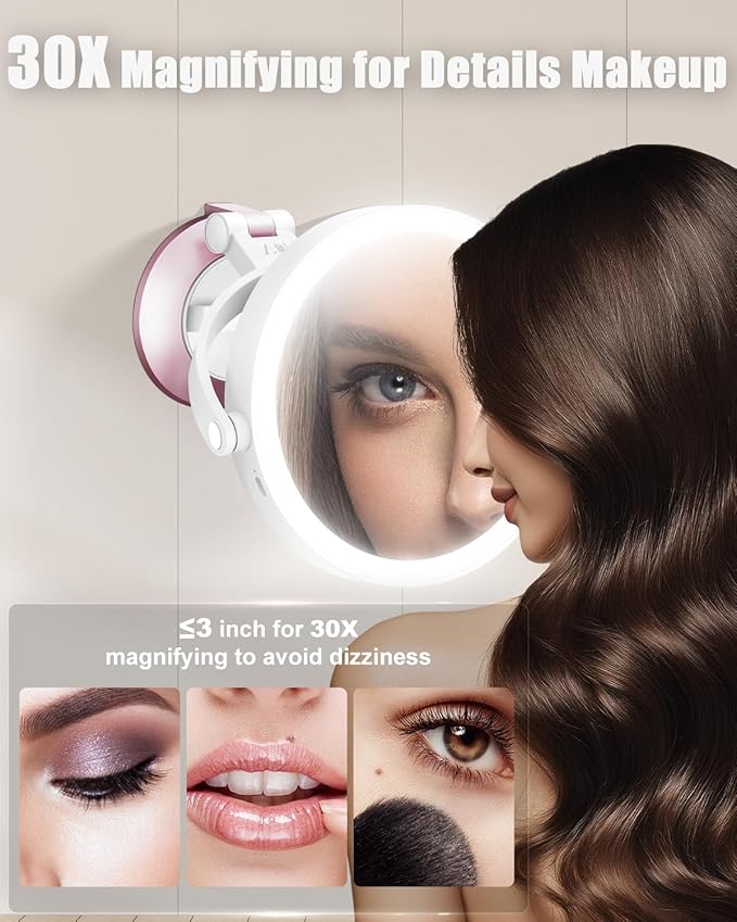 30X/1X Wall Mounted Magnifying Makeup Mirror with Power Suction Cup, Rechargeable Double Sided Regular HD/Magnification 3 Color Modes Adjustable Brightness Mirror with Lights for Bathroom, Travel