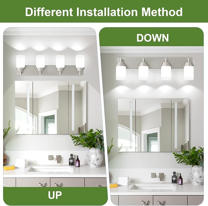 Bathroom Light Fixtures, Brushed Nickel Bathroom Lighting Fixtures Over Mirror, Modern Vanity Light with White Glass Shade, Restroom Lighting Fixtures, 4-Light 30-inch