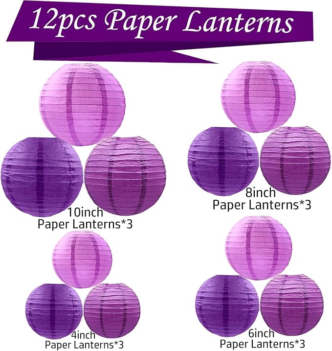 Purple Paper Lanterns 12Pcs Hanging Lanterns for Birthday Party, Wedding, Home Decor, Baby Shower Festive Decoration