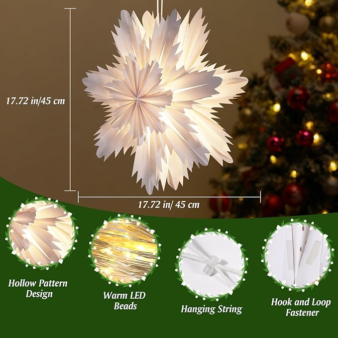 Lewondr Christmas Paper Star Lantern 2 Pack, Hanging Cherry Blossom Light with Remote Control, LED Paper Lanterns with 6H Timer for Holiday Home Decoration, 17.72 × 17.72 × 1.97 Inch, Warm Light
