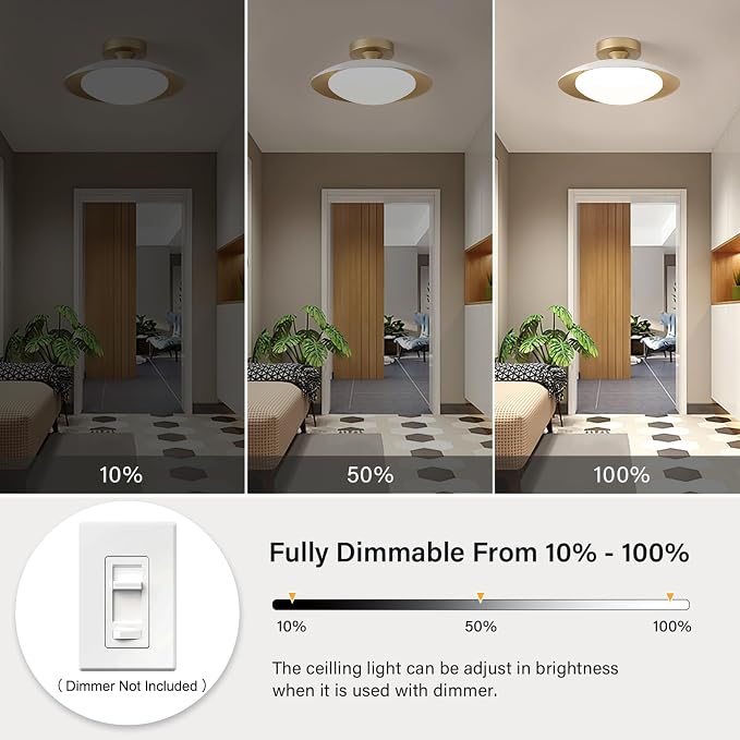 Dimmable Modern Mid-Century LED Ceiling Light, White and Gold, 12.6 Inch | Semi Flush Mount Ceiling Light, 5CCT 2700K-6000K Lighting Fixture Ceiling Lamp with Glass Shade for Bedroom Hallway Kitchen