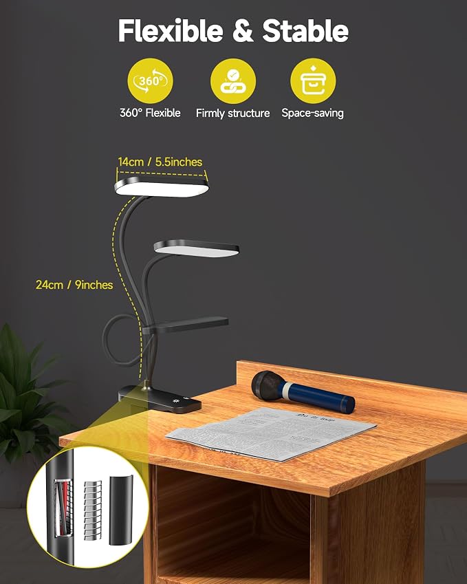 CUHIOY Rechargeable Clip on Light, Bed Headboard Reading Lamp, Black | Portable Cordless Battery-Operated USB-C, 5 Colors 5 Brightness Goose-Neck, Flicker-Free Clamp Desk Dorm Bunk Bed Light