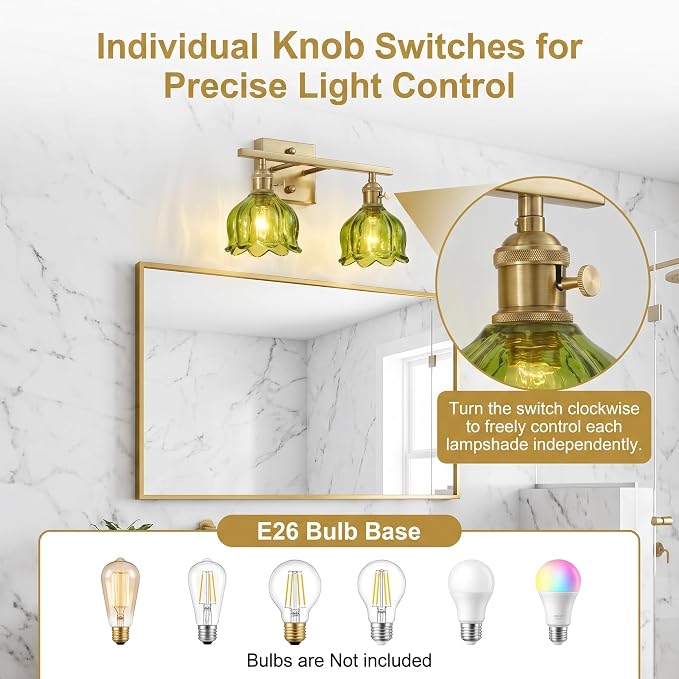 3-Light Vintage Bathroom Vanity Light, 19.4" Brass Hardwired Wall Sconce with Amber Tulip Glass Shades, Brushed Gold Vanity Light for Mirror, Restroom, Bedroom (Green, 2-Light)