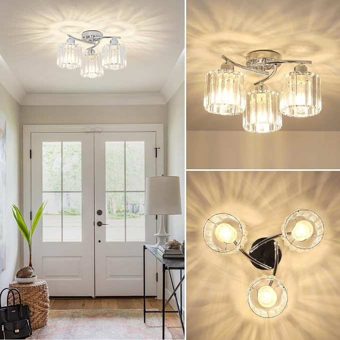 Crystal Close to Ceiling Light Fixtures,3-Light Chrome Modern Semi Flush Mount Ceiling Light,Kitchen Light Fixture with Clear Crystal Shades,Hallway Lighting Fixture for Entryway Bedroom Bathroom