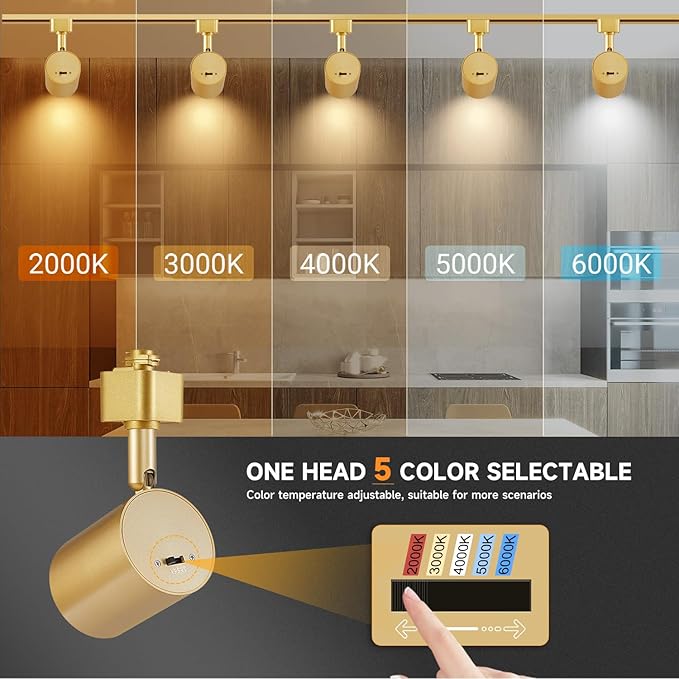 VANoopee 5-Color Gold LED Track Lighting Heads H Type Track Light Heads Dimmable, 2000K 3000K 4000K 5000K 6000K Adjustable, Flicker Free CRI90+ 24° 10W 800lm 5CCT (4 Pack)
