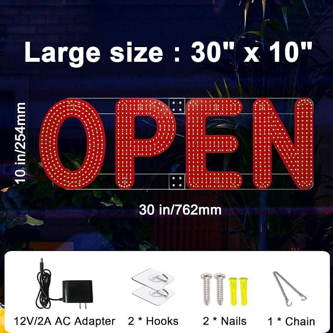 30"x10" Open Sign, LED Open Sign for Business, Ultra Bright Dimmable with 3 Scene Modes, Large Illuminated Business Sign for Storefront Window, Cafe, Bar, Restaurant, Salon (White)