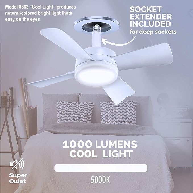 Bell+Howell Socket Breeze Modern Ceiling Fans with LED Lights, 10" LED E26 Screw Base Mini Light Socket Fan for Bedroom, Living Room, Kitchen, Balcony
