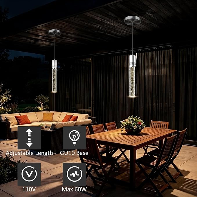 Brushed Nickel Pendant Lights Kitchen Island, Crystal Bubble Pendant Lights, Adjustable Modern Pendant Light Fixtures for Dining Living Room Bedroom 3 Pack