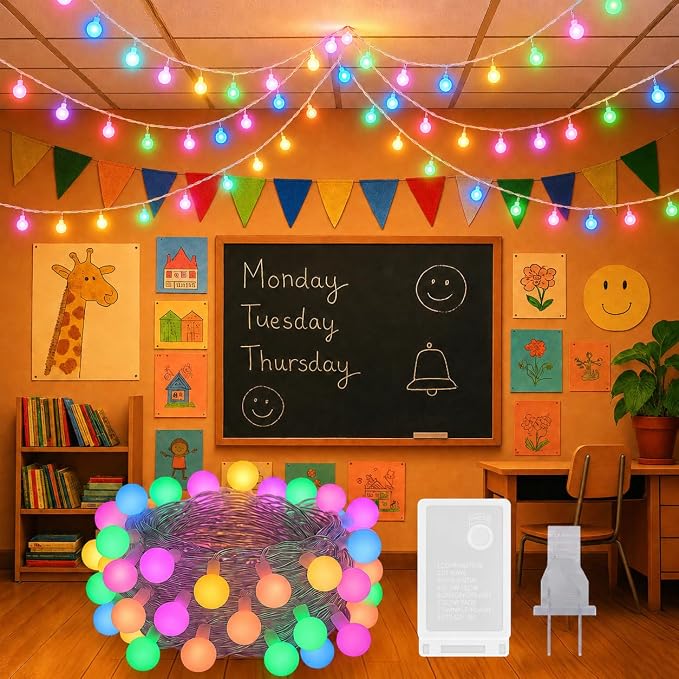 PJT 200 LED Hanging String Lights for Classroom – 66ft Plug in Pastel String Lights with 8 Modes, Colorful String Lights for Classroom Decor, Teacher Supplies, Bulletin Board, Wall Display