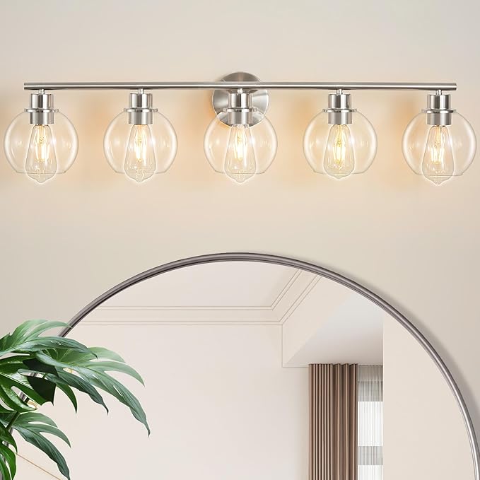 Bathroom Light Fixtures Over Mirror 5-Lights Bathroom Vanity Light with Clear Globe Glass Shade 37.4 inch Modern Brushed Nickel Vanity Lights Wall Sconce Lighting for Bath