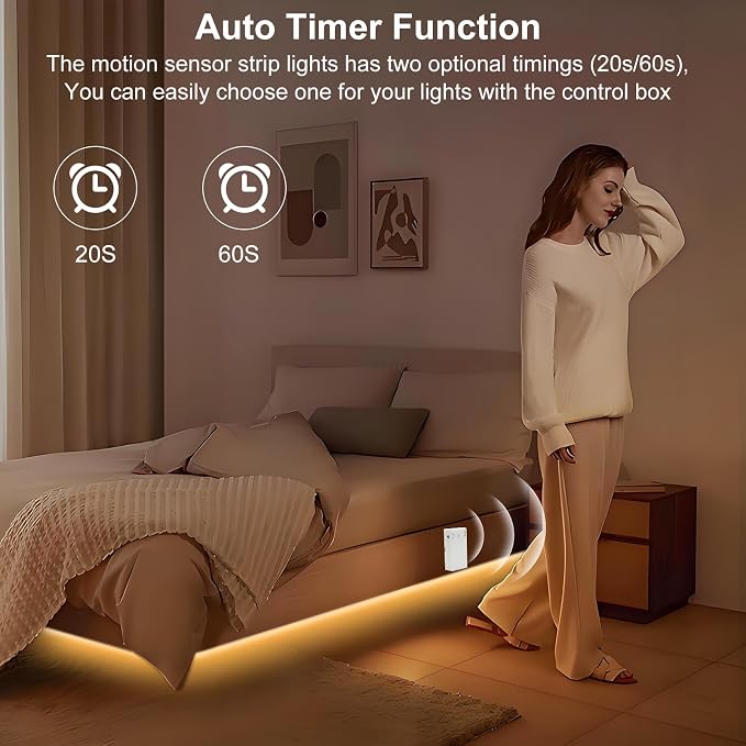 2 Pack Battery COB Motion Sensor Strip Lights with Day & Night Modes | 6.6Ft 640 LED Under Cabinet Flexible Tape Lights for Bedroom Kitchen Stair Shelf, 2700K Warm White
