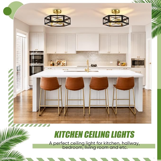 3-Light Semi Flush Mount Ceiling Light, Black and Gold Hallway Light Fixtures Ceiling Mount, Modern Metal Hexagon Cage Close to Ceiling Lights for Kitchen, Bedroom, Living Room
