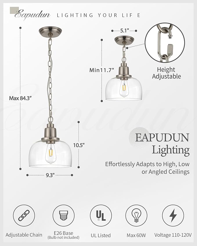 EAPUDUN Modern Farmhouse Pendant Light, 1-Light Industrial Hanging Light Fixture 9.3-inch, Brushed Nickel Finish with Clear Glass Shade, PDA1127-BNK