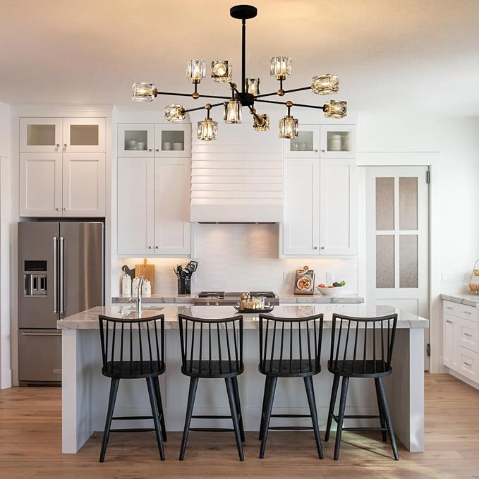 12-Light Black Crystal Chandelier Modern Sputnik Chandeliers for Dining Room Adjustable Height Sputnik Ceiling Light Fixture for Living Room Kitchen Island Bedroom