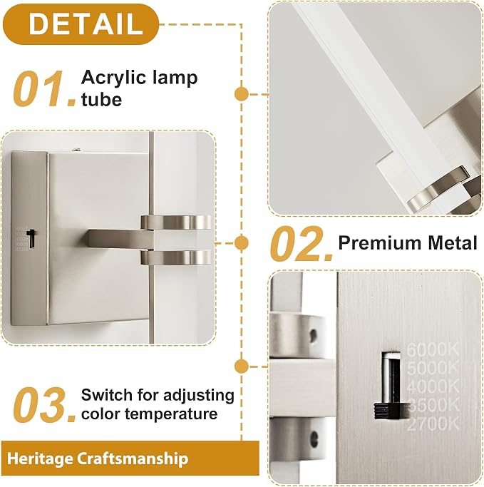 Bathroom Light Fixture LED Vanity Light 22" 5CCT Wall Sconce 18W | LED Dimmable Wall Light Nickel Modern 360° Lighting, Hardwired Vanity Light for Bathroom Mirror, Flicker-Free