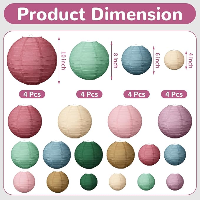 Glooglitter 16 Pcs Boho Hanging Paper Lanterns Back to School Party Decoration 4'' 6'' 8'' 10'' Colorful Round Lanterns for Classroom Ceiling Decor Indoor Outdoor Birthday Wedding Bridal Baby Shower