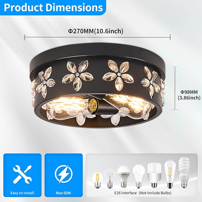 Glintwan 10.6 inch Black Flush Mount Ceiling Light Fixture, 2 Pack | 2-Light, Industrial, Farmhouse, Bedroom, Living Room, Kitchen, Hallway, Foyer
