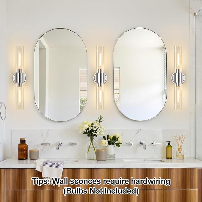 Wall Sconces Set of Two, Modern Bathroom Sconces Wall Lighting with & Clear Glass Glass, Chrome Sconces Wall Decor Set of 2 for Bathroom Mirror Bedroom Living Room Hallway