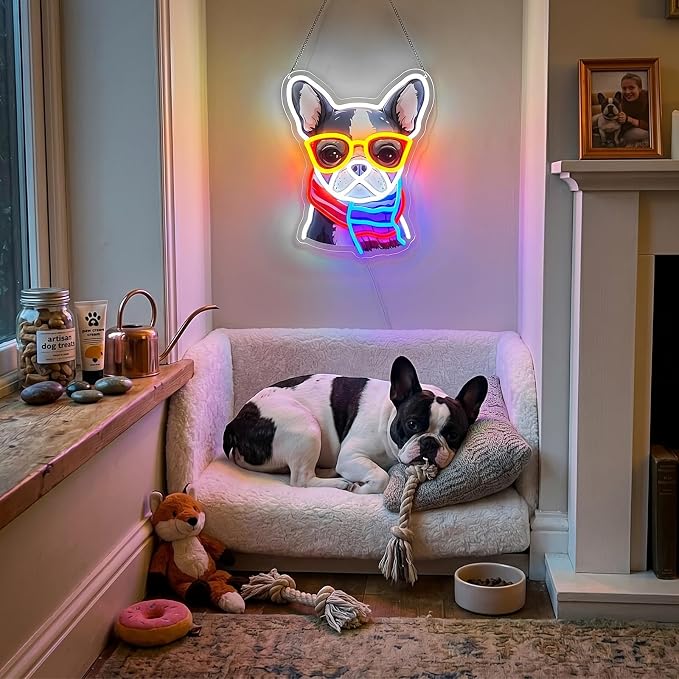French Bulldog Neon Sign, Bull Dog Led Sign for Wall Decor, Usb Powered Adjustable Brightness Frenchie Wearing a Scarf Led Light for Bedroom Pet Rooms Bar Pub Party Decor, Unique Gift