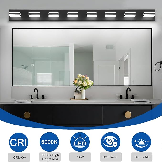 IZORRO LED Modern Bathroom Lights Fixtures(8-Light,Dimmable,360°Rotate),Matte Black Acrylic Wall Lighting,Vanity Lights for Bathroom Over Mirror - 6000k 48In （No Assembly Required）