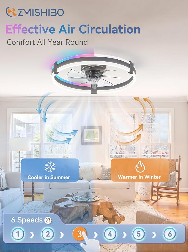 ZMISHIBO 20" RGB Low Profile Ceiling Fans with Lights and Remote, Grey | Custom RGB+3CCT Dimmable, 6 Speeds, Remote/App Control, Reversible DC Motor, Memory, Timer, Modern Fandelier for Kids/Bedroom